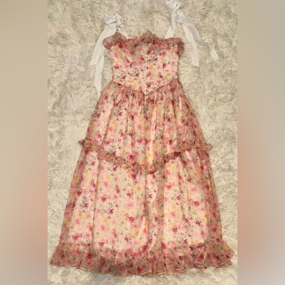 NEW Petal & Pup Zenith Ruffle Tie Strap Maxi Pink Dress sz S - Picture 3 of 7